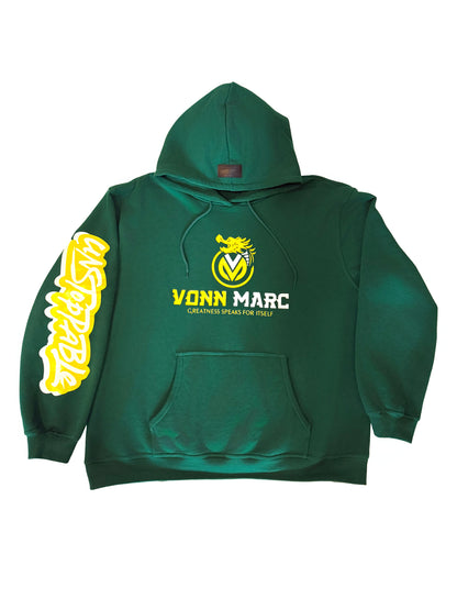 GREEN HOODIE WITH YELLOW &amp; WHITE LOGO , SWEAT PANT 2 pockets and 2 zipper pockets as well….$250.00 per set…