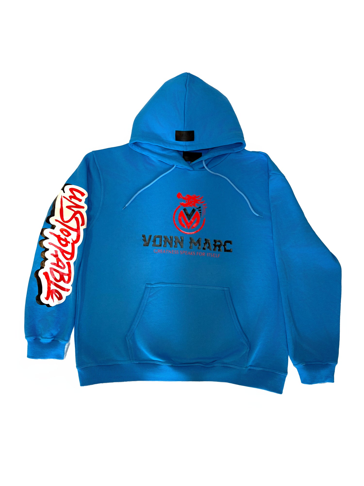 VONN MARC LIGHT BLUE HOODIE WITH RED &amp; BLACK LOGO  2 pockets &amp; 2 Zipper pockets-sweat pant as well …… $250.00 per set …